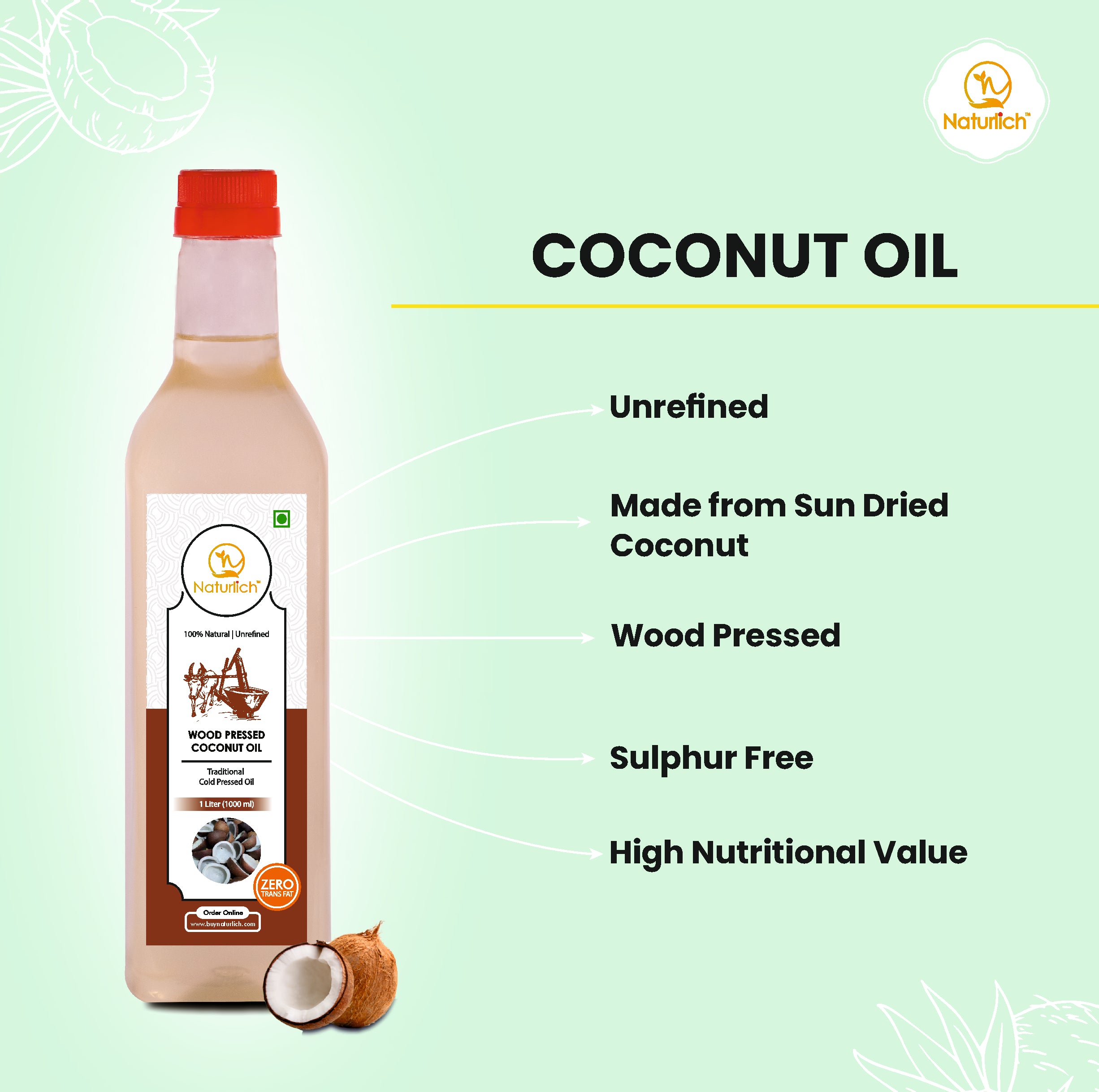 Wood Pressed Coconut Oil, Pure & Natural Virgin Coconut Oil, Keto-Friendly & Gluten-Free Cooking Oil, Wood Pressed - Naturlich