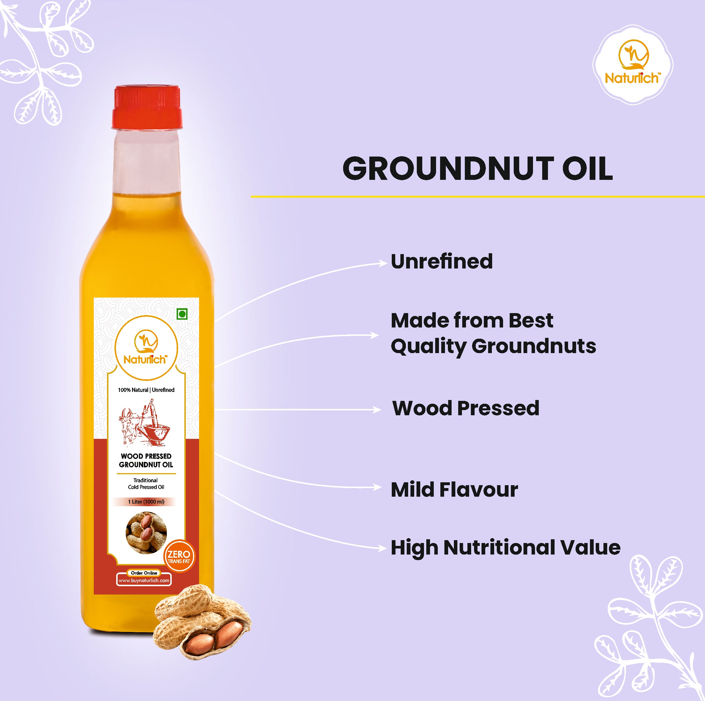 Wood Pressed Groundnut Oil | Cold Pressed Groundnut Oil | Kachhi Ghani Oil | Naturlich Lakdi Ghani Oil